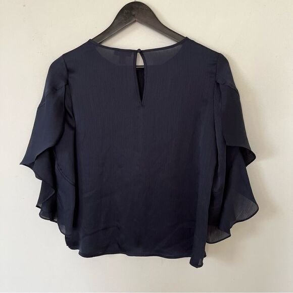 Vince Camuto Navy Textured Silky Flutter Sleeve Blouse - Picture 2 of 6